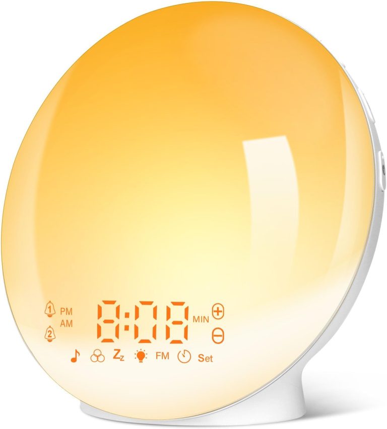 Eveil Lumière LED Radio Réveil Matin Lumineux Lampe de Chevet 20 Niveaux de Luminosité Simulateur d'Aube et Crépuscule 2 Réveils 7 Sons Naturels Fonction Snooze Veilleuse Enfant 11 Couleurs (Jaune)