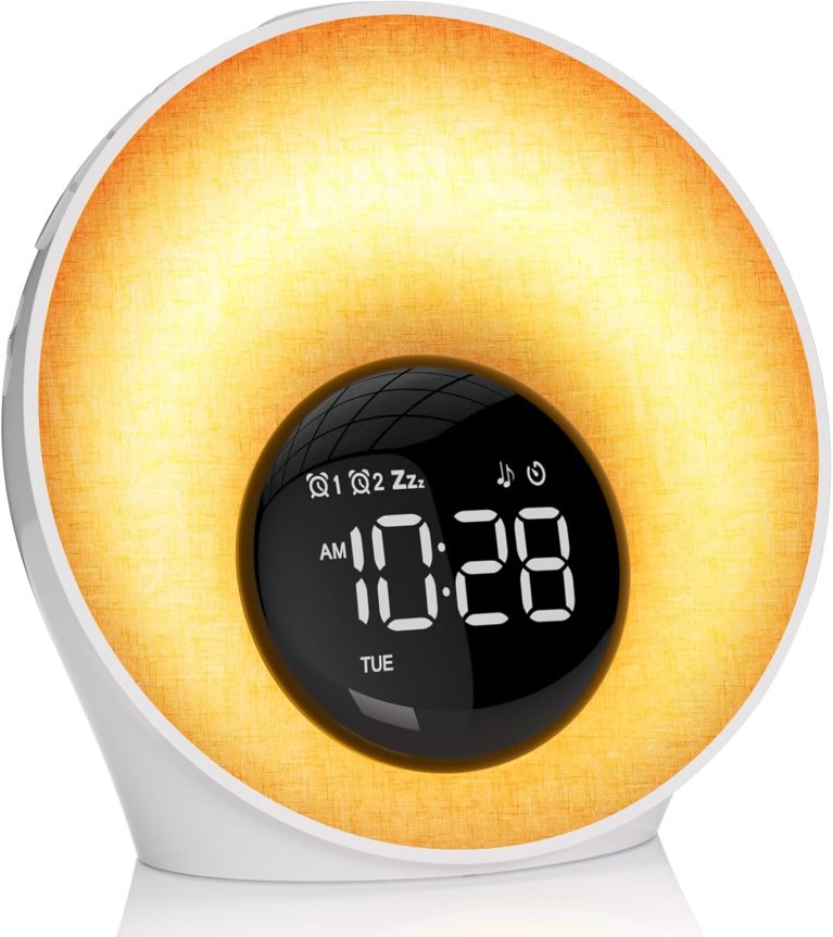 AUYLE Réveil Lumineux Simulateur d'Aube, Reveil Matin avec 7 Sonneries | 30 Sons Naturels, Lampe de Chevet 20 Niveaux de Luminosité, Snooze, Minuteur, 13 Couleurs, Pour Enfant/Adulte