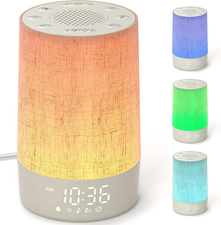 LIORQUE Reveil Simulateur d'Aube avec 30 Sons Apaisants, Bruit Blanc, 10 Niveaux Luminosité, Design Tissu