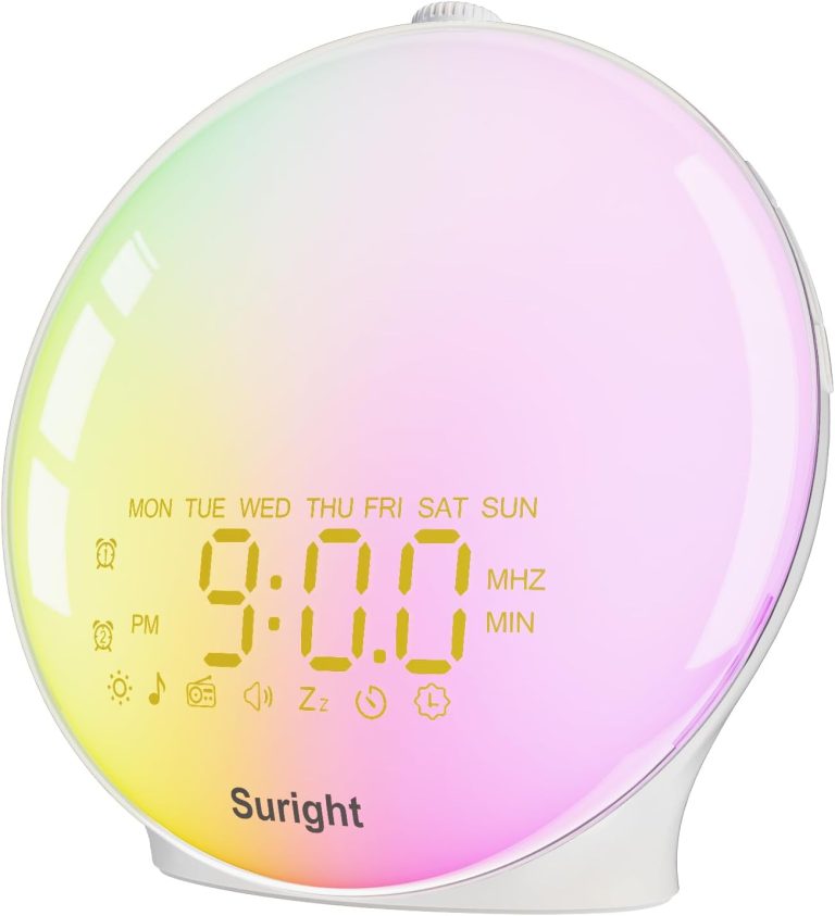 Suright Réveil Lumière du Jour, Simulateur d'Aube Réveil, 2 Alarmes Snooze, 15 Sons Nature, 18 Couleurs Veilleuse