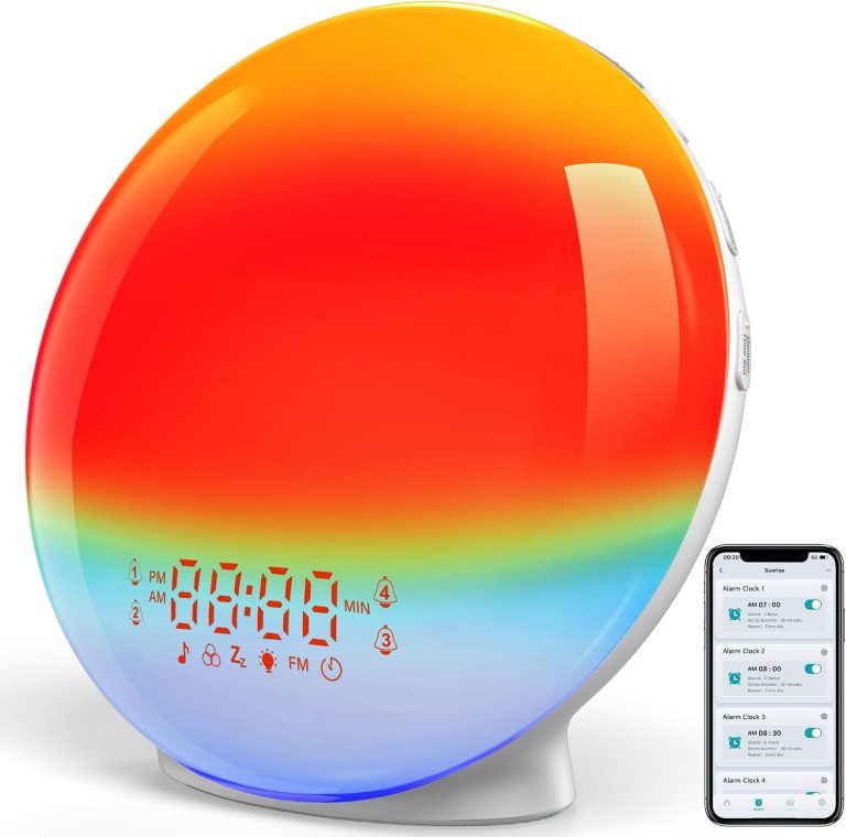Réveil Lumineux Bluetooth APP VOGHERB, Radio Eveil Matin Lumière, 20 Niveaux de Luminosité, 4 Réveils, 7 Sons Naturels